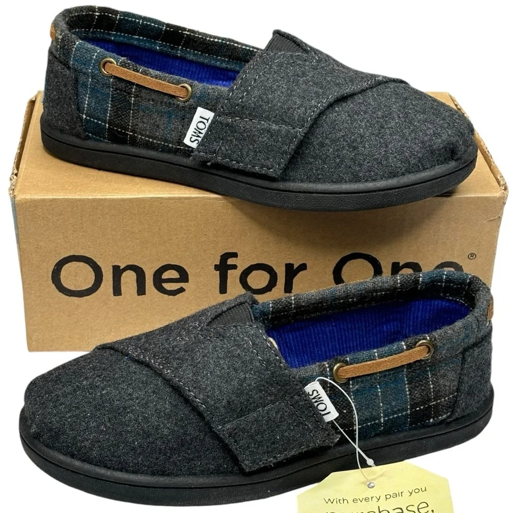 New TOMS Tiny Bimini Alpargata Blue & Grey Tartan Plaid Slip On Size 11 MSRP $59